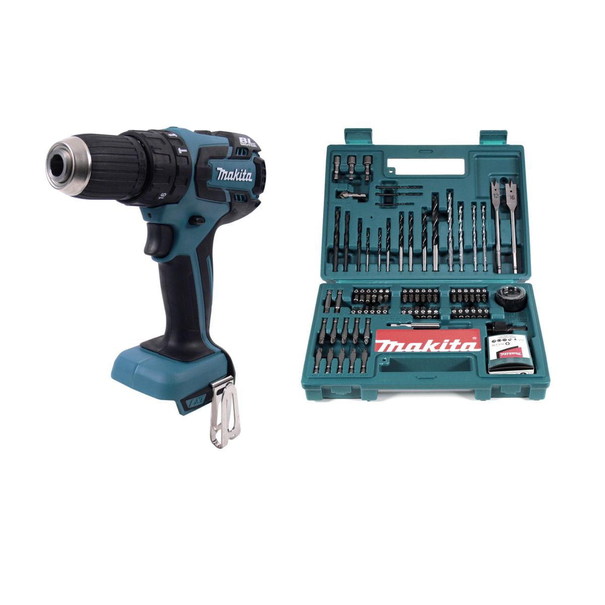 Makita DHP 459 Z Trapano avvitatore con percussione a batteria 18V + Set 100 punte Makita B-53811 - senza batterie, senza caricabatterie
