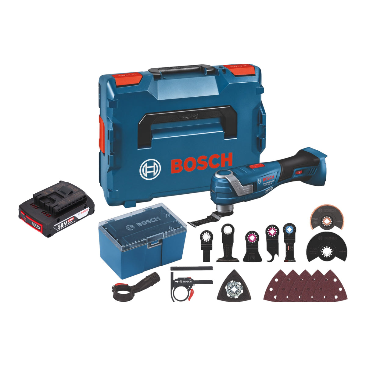 Bosch GOP 18V-34 Multi Cutter professionale a batteria 18 V Starlock Plus + 1x batteria 2,0 Ah + 17 pz. accessori + L-Boxx - senza caricatore