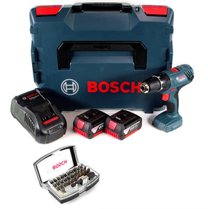 Bosch GSB 18 V-21 Trapano professionale avvitatore con percussione a batteria in valigetta L-Boxx + 2x Batterie 3,0Ah + Caricabatterie GAL 1880 CV + Set di punte Wiha Dinotech Edition da 32 pezzi