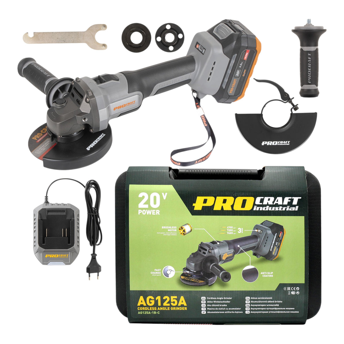 Procraft Industrial AG125A Smerigliatrice angolare a batteria 20 V 125 mm Brushless + 1x batteria 4,0 Ah + caricabatteria + valigetta