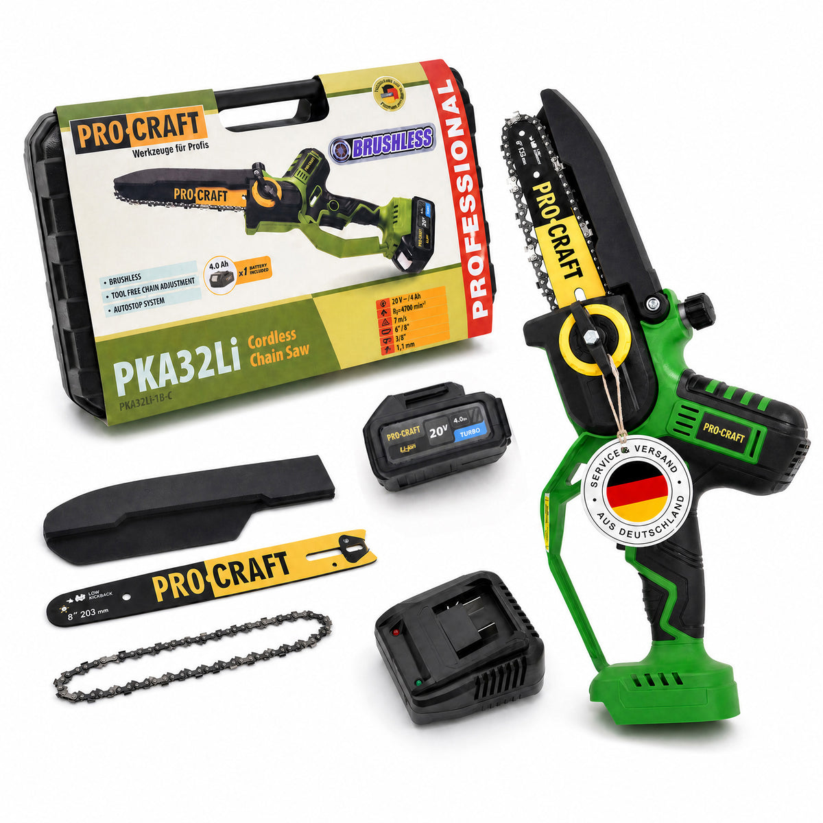 Motosega a batteria Procraft PKA32Li 20 V 203 mm Brushless + 1x batteria 4,0 Ah + caricabatteria + valigetta