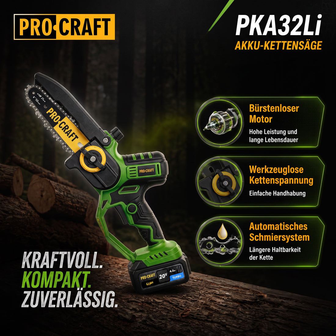 Motosega a batteria Procraft PKA32Li 20 V 203 mm Brushless + 1x batteria 4,0 Ah + caricabatteria + valigetta