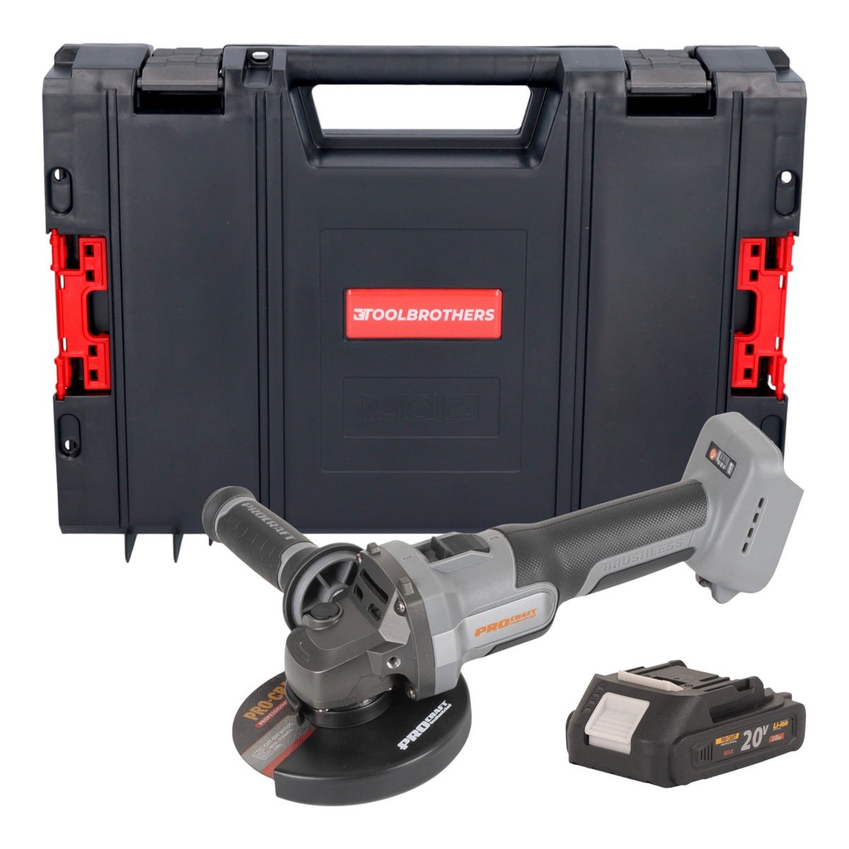 Smerigliatrice angolare a batteria Procraft Industrial AG125Abb 20 V 125 mm Brushless + 1x batteria 2,0 Ah + valigetta RHINO Toolcase - senza caricabatteria