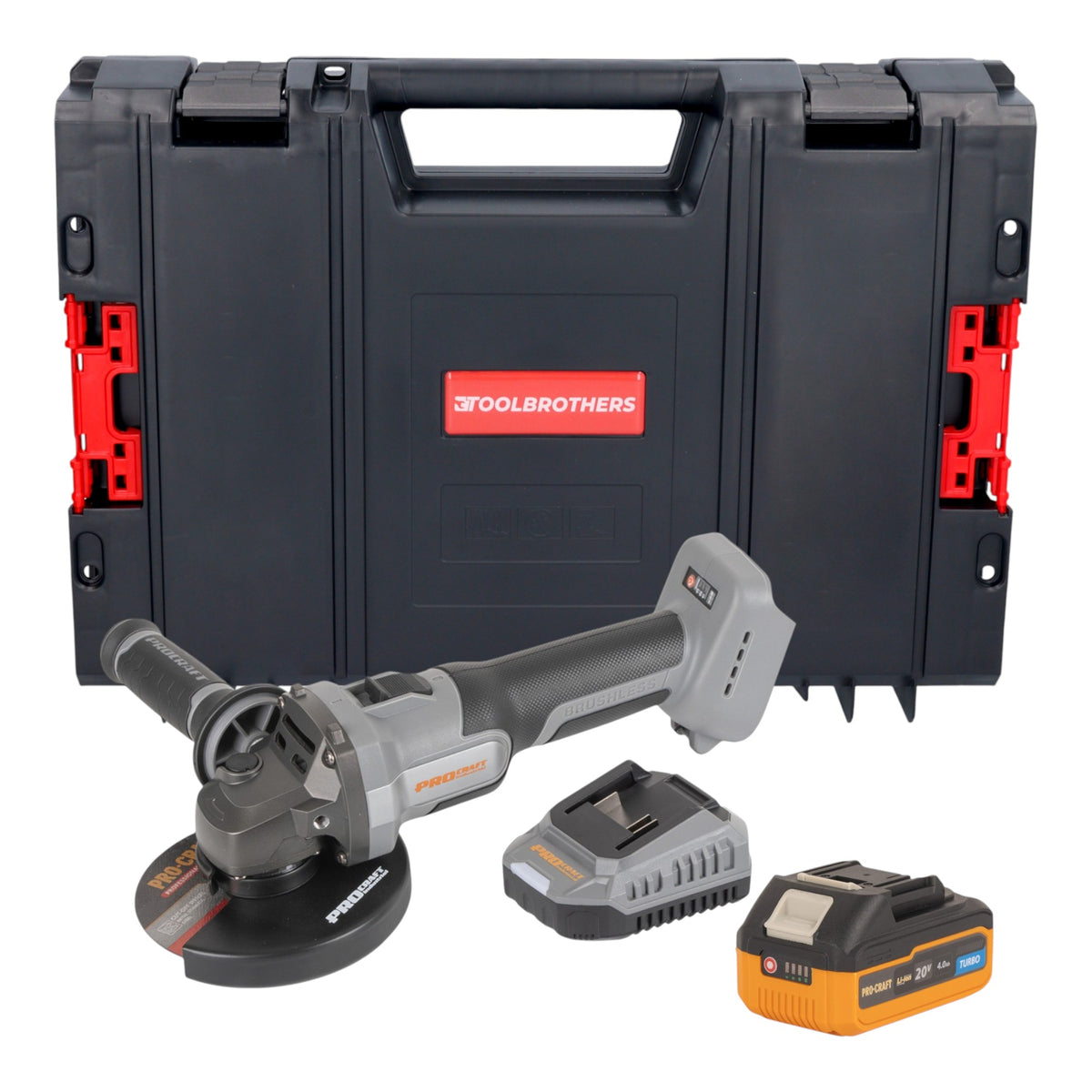 Procraft Industrial AG125Abb Smerigliatrice angolare a batteria 20 V 125 mm Brushless + 1x batteria 4,0 Ah + caricabatteria + valigetta porta attrezzi RHINO