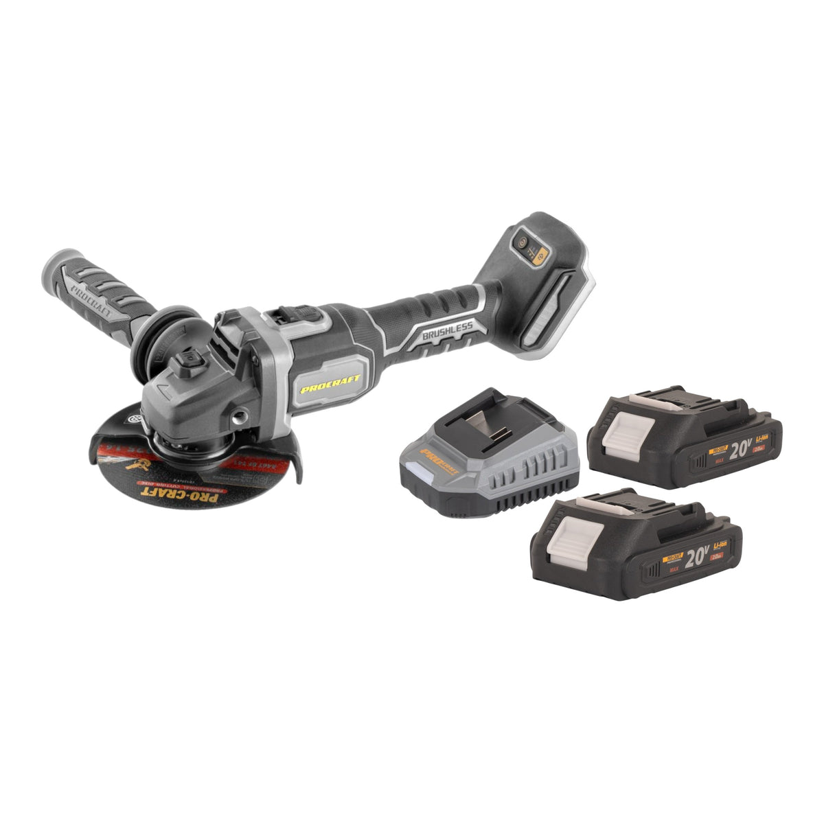 Smerigliatrice angolare a batteria Procraft Industrial AG125Bbb 20 V 125 mm Brushless + 2x batteria 2,0 Ah + caricabatteria