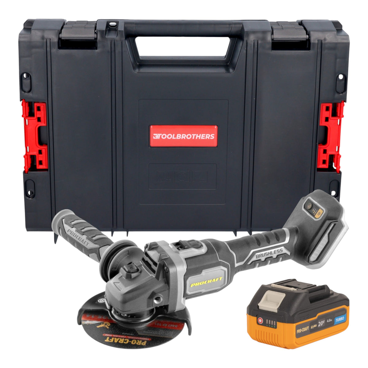 Smerigliatrice angolare a batteria Procraft Industrial AG125Bbb 20 V 125 mm Brushless + 1x batteria 4,0 Ah + valigetta portautensili RHINO - senza caricabatteria