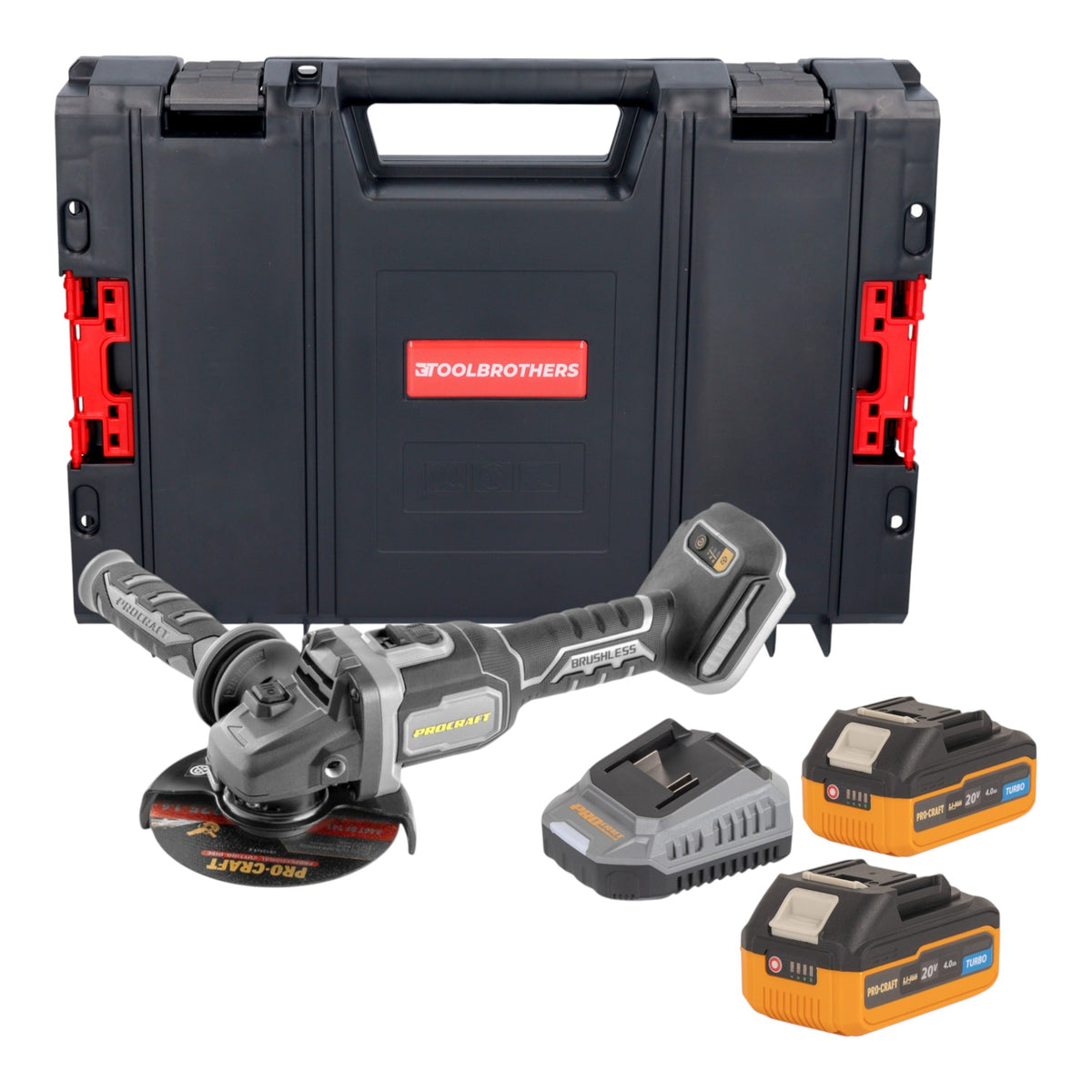 Smerigliatrice angolare a batteria Procraft Industrial AG125Bbb 20 V 125 mm Brushless + 2x batteria 4,0 Ah + caricabatteria + valigetta portautensili RHINO