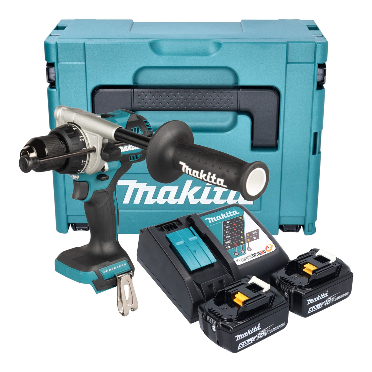 Makita DHP 492 RTJ Avvitatore a percussione a batteria 18 V 141 Nm Brushless + 2x batteria 5,0 Ah + caricabatteria + Makpac