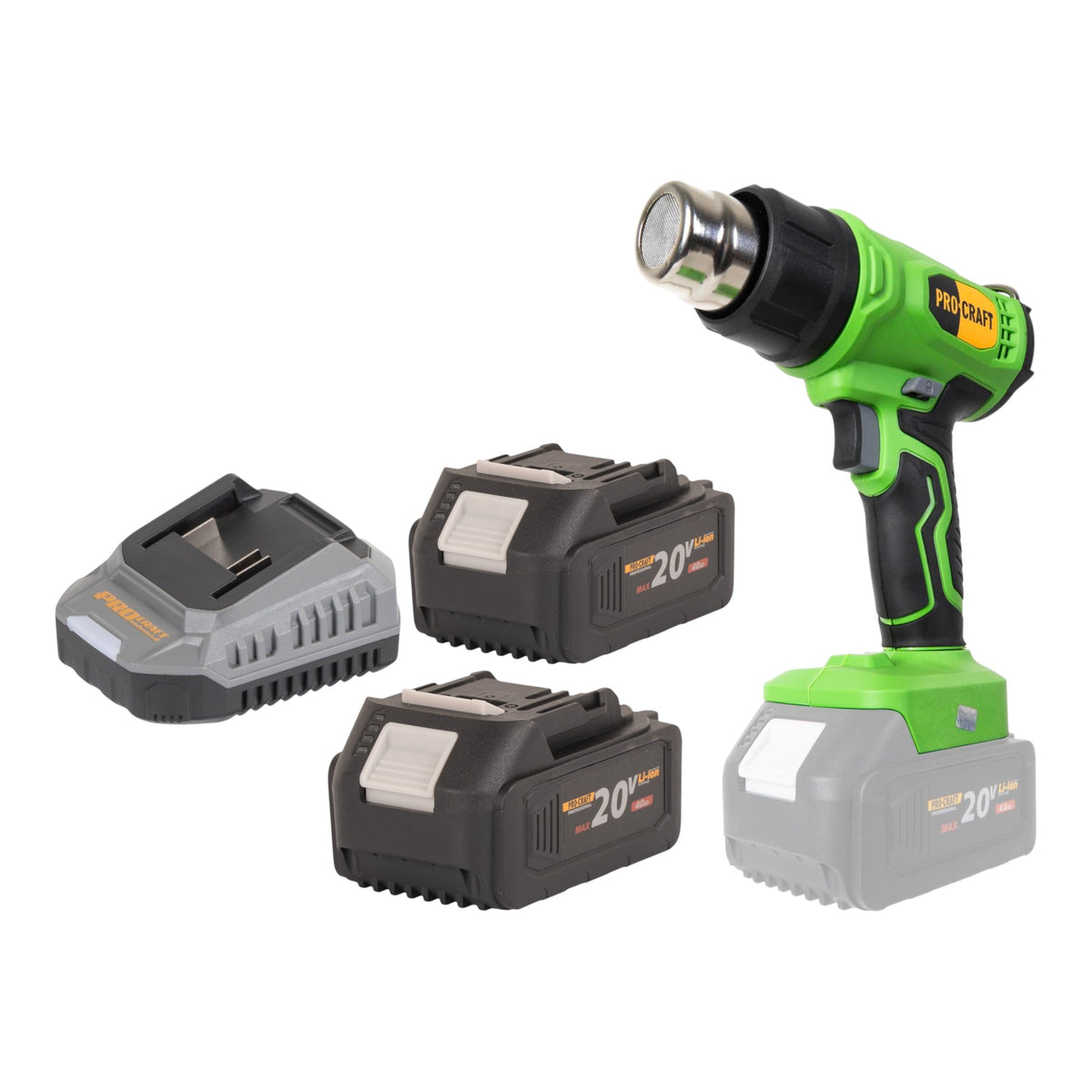 Pistola ad aria calda a batteria Procraft PH24bb 20 V 50 - 550 °C + 2 batterie da 4,0 Ah + caricabatterie