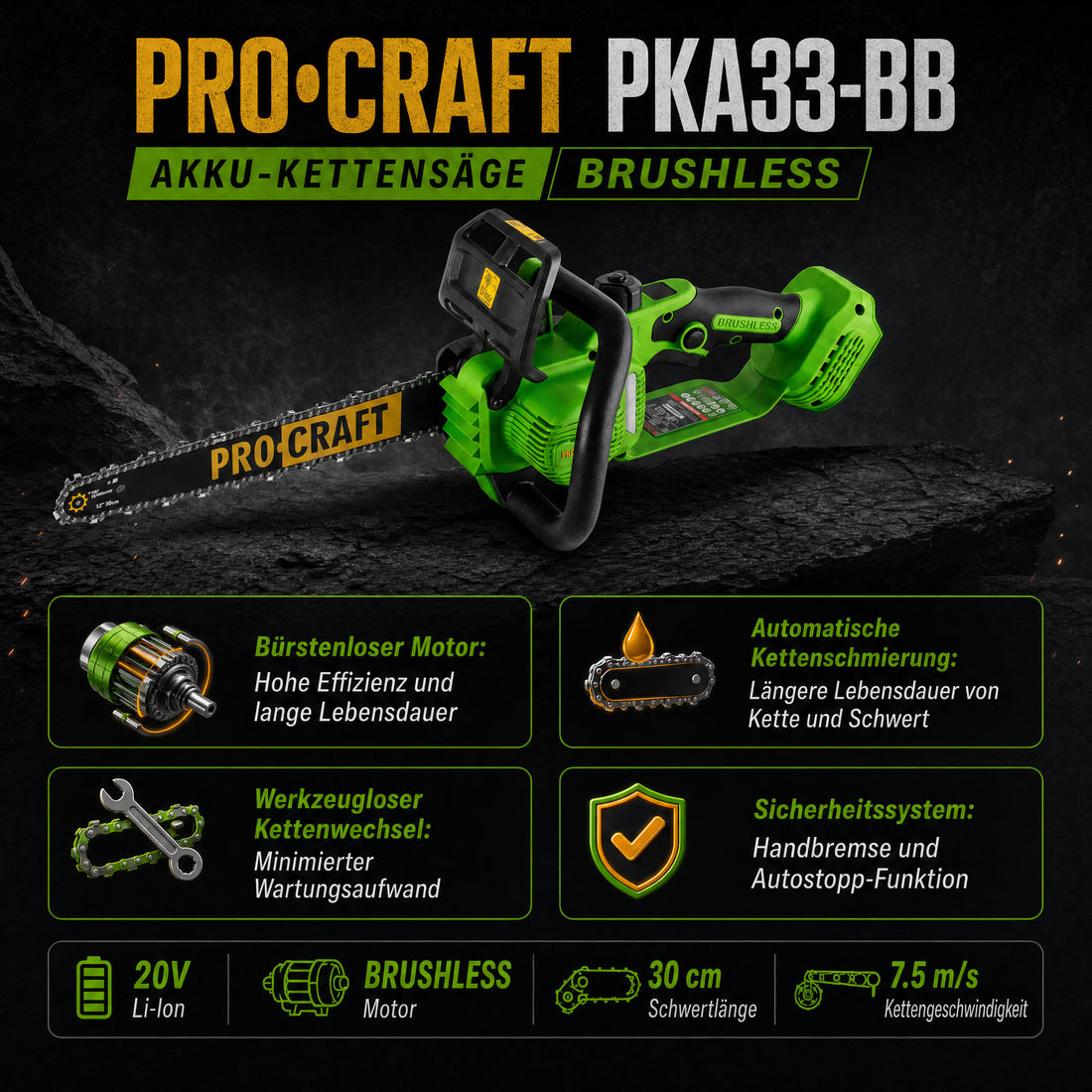 Procraft PKA33-BB Sega a catena a batteria 20 V 304 mm Brushless Solo - senza batteria, senza caricabatteria