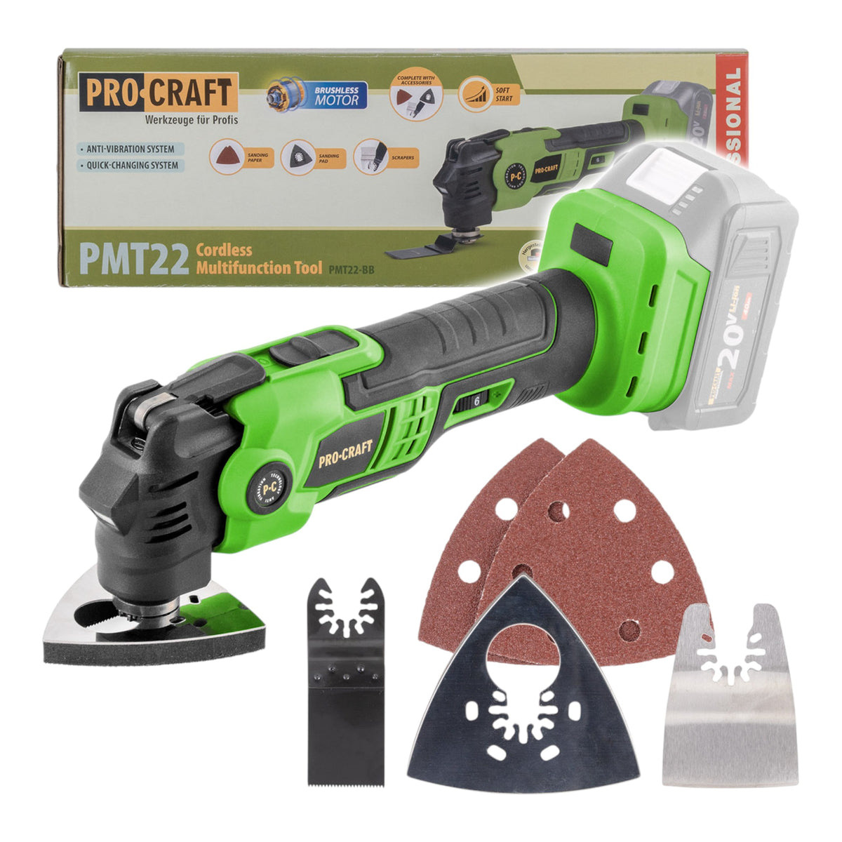 Utensile multifunzione a batteria Procraft PMT22bb 20 V Brushless - senza batteria, senza caricabatteria