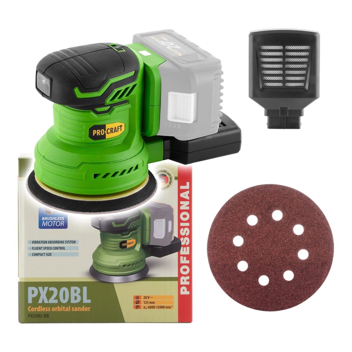 Procraft PX20BLbb Levigatrice eccentrica a batteria 20 V 125 mm Brushless Solo - senza batteria, senza caricabatteria