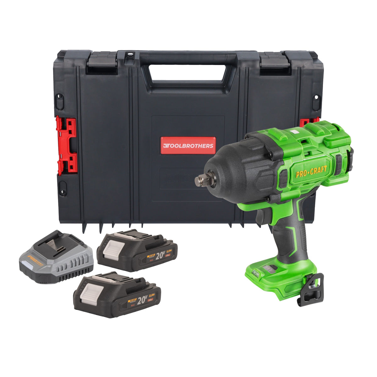 Avvitatore a impatto a batteria Procraft PWA80bb 20 V 1600 Nm 1/2" Brushless + 2 batterie da 2,0 Ah + caricabatterie + valigetta portautensili RHINO