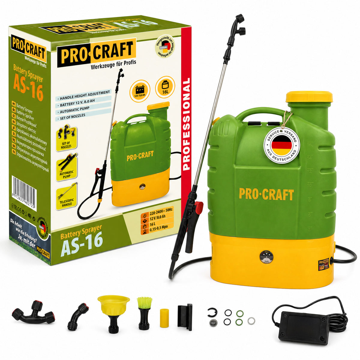 Spruzzatore a batteria Procraft AS-16 12 V 16 l 5,5 bar + batteria integrata 8,0 Ah + caricabatteria
