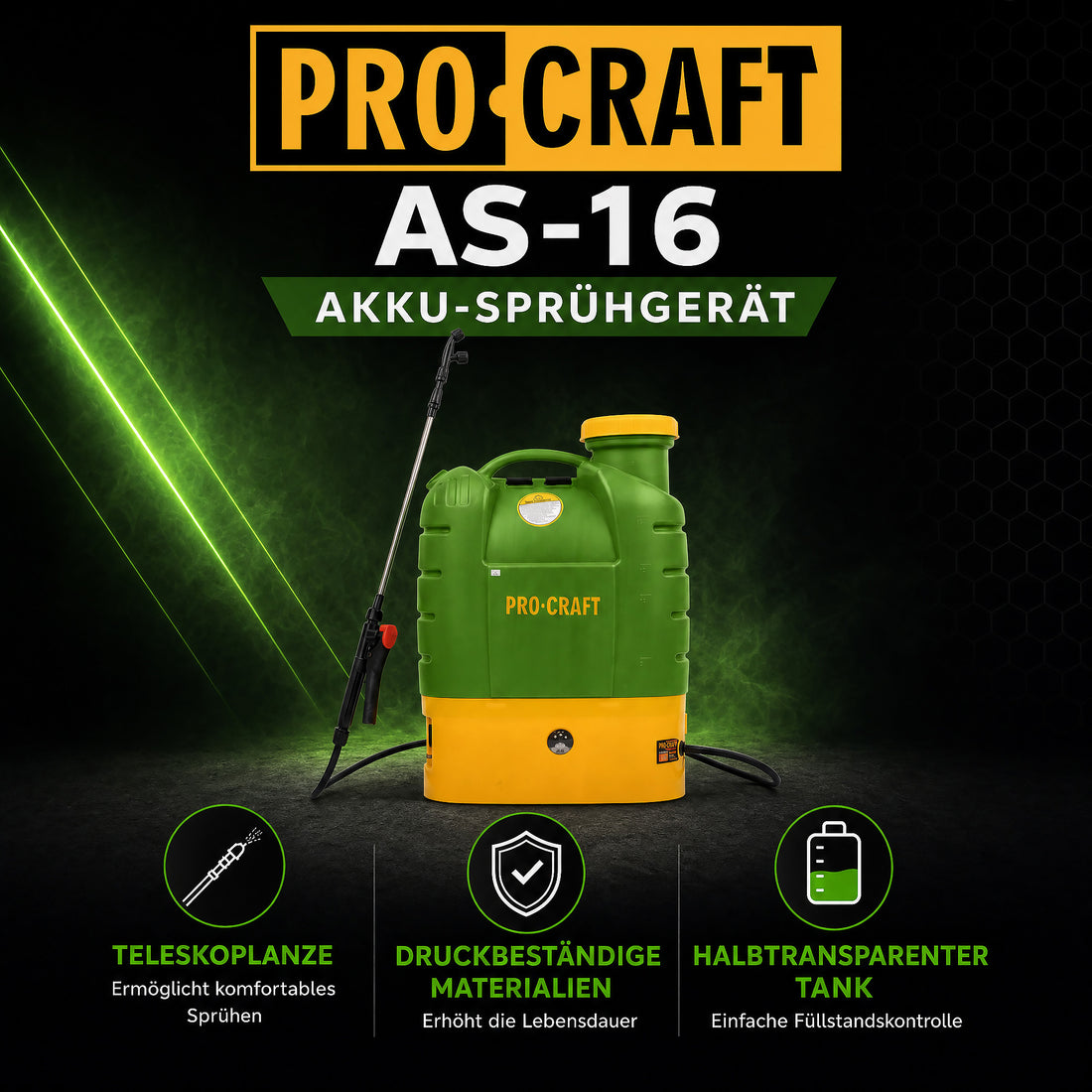 Spruzzatore a batteria Procraft AS-16 12 V 16 l 5,5 bar + batteria integrata 8,0 Ah + caricabatteria
