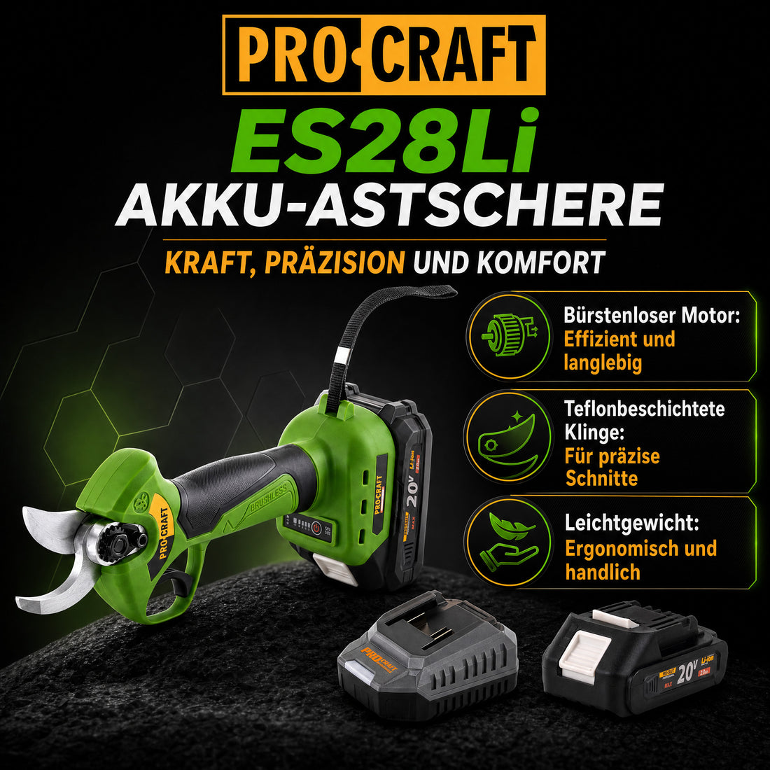Procraft ES28Li bb Cesoie da giardino a batteria 20 V 25 mm + 2x batteria 2,0 Ah + caricabatteria