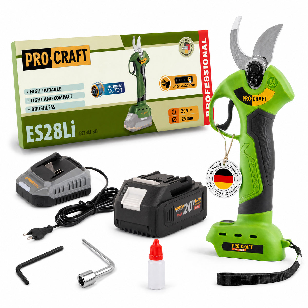Procraft ES28Li bb Cesoie a batteria Cesoie da giardino 20 V 25 mm + 1x batteria 4,0 Ah + caricabatteria