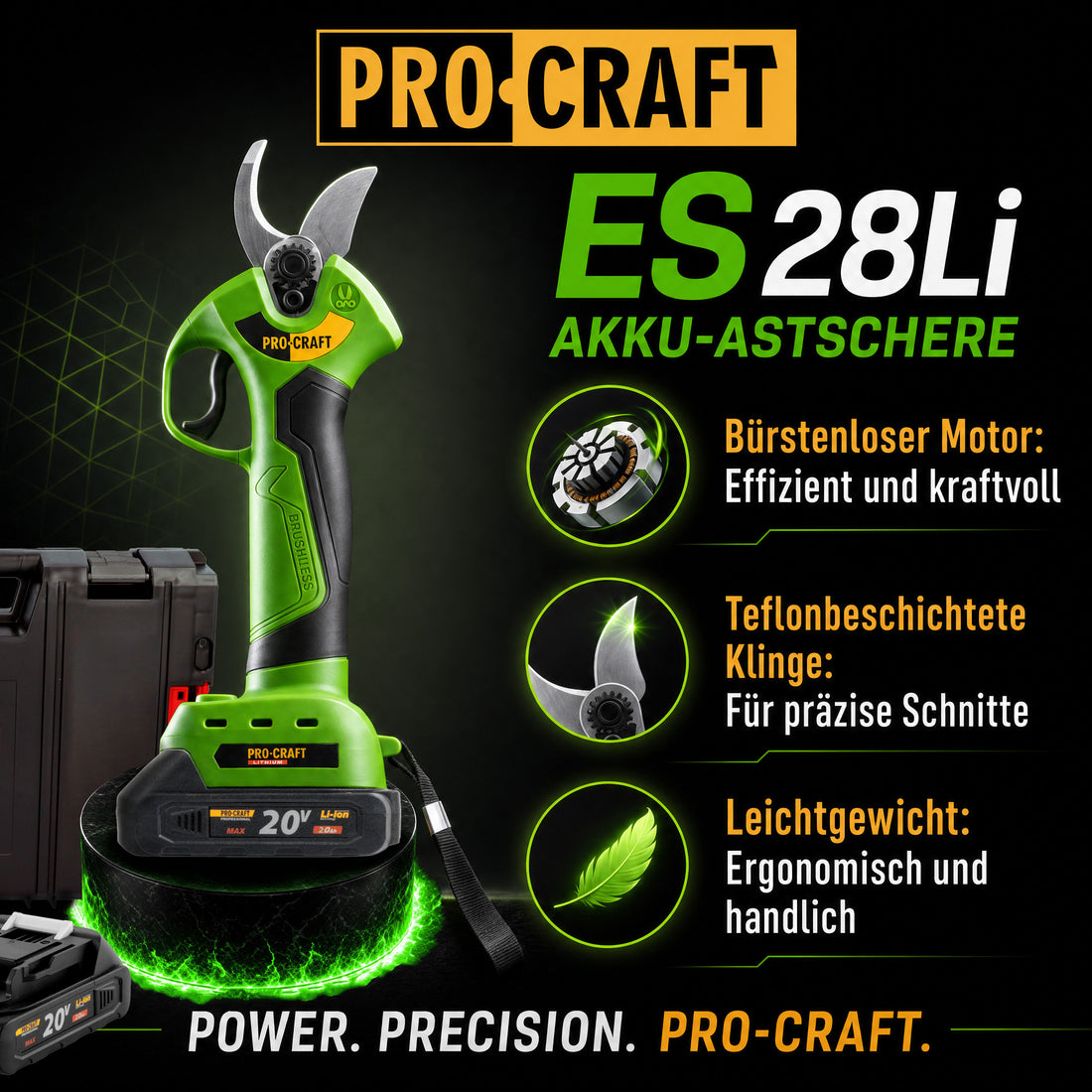 Procraft ES28Li bb Cesoie a batteria Cesoie da giardino 20 V 25 mm + 2x batteria 2,0 Ah + caricabatteria + valigetta porta attrezzi RHINO