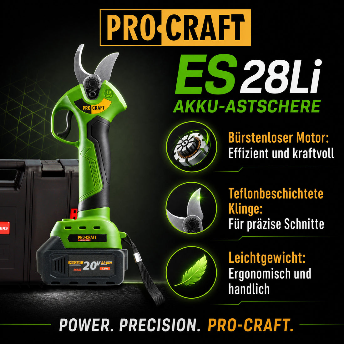 Procraft ES28Li bb forbici da potatura a batteria 20 V 25 mm + 1x batteria 4,0 Ah + valigetta porta attrezzi RHINO - senza caricabatteria
