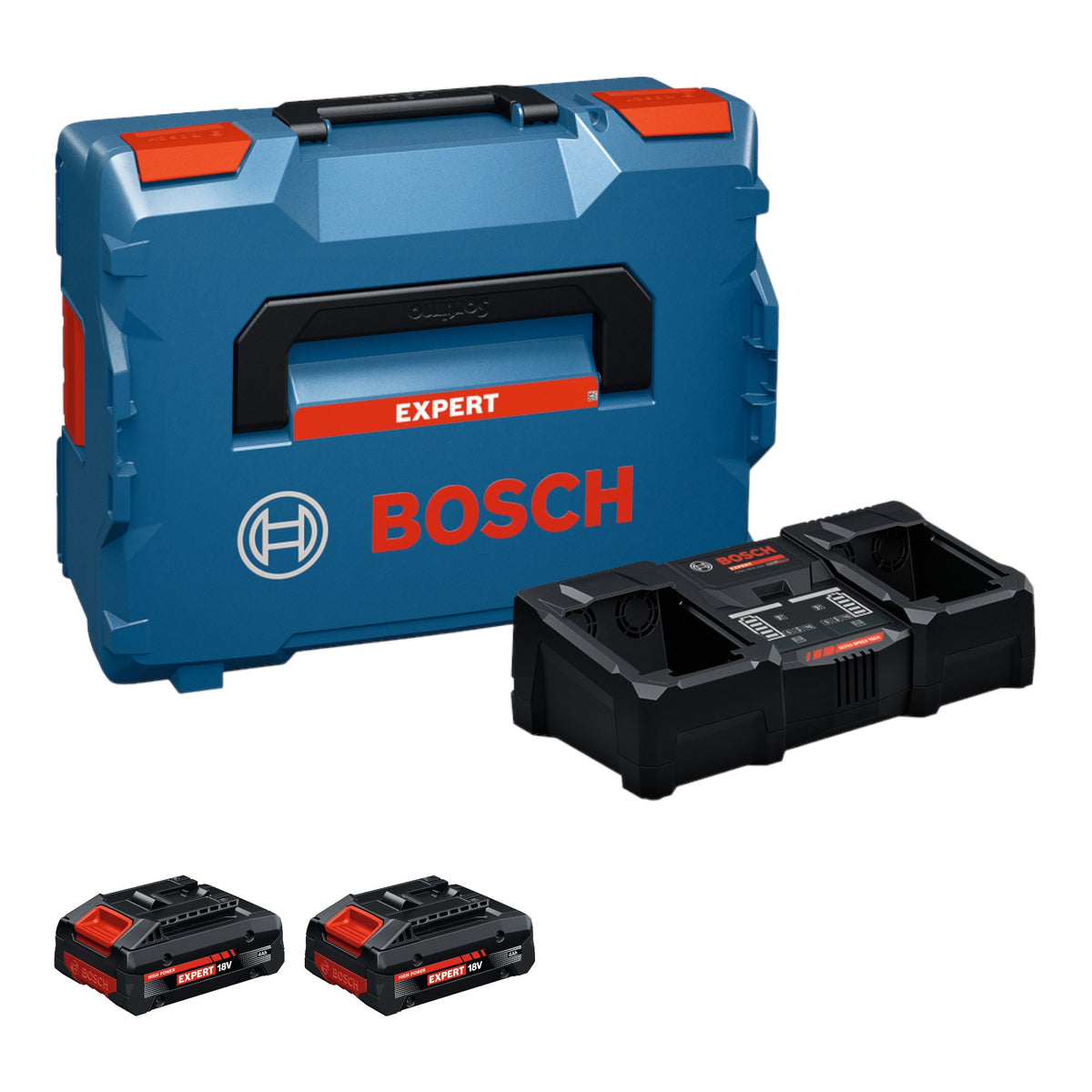 Bosch EXPERT 2x EXBA18V-40 + EXAL18V2-320 Starter Set 18 V + 2x batteria 4,0 Ah + caricabatteria 16 A + L-Boxx