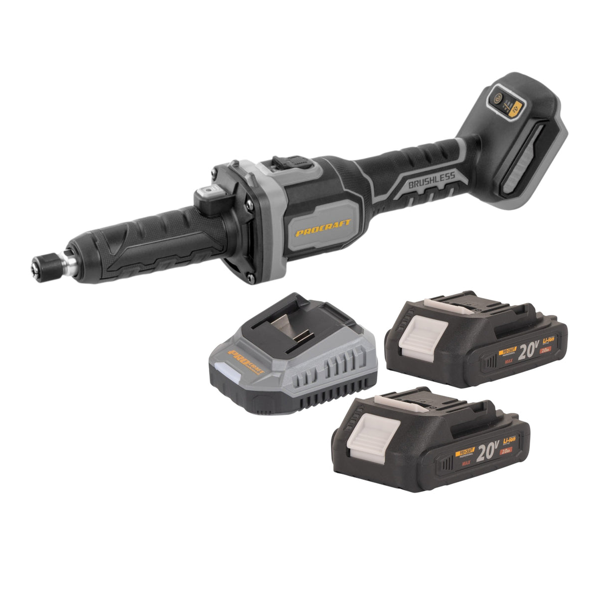 Smerigliatrice diritta a batteria Procraft Industrial DG20A-BB 20 V 6 mm Brushless + 2x batteria 2,0 Ah + caricabatteria