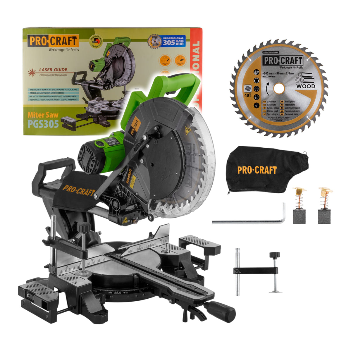 Procraft PGS305 Sega circolare e troncatrice 2000 W + lama da 305 mm 40 Z e sacchetto raccoglipolvere