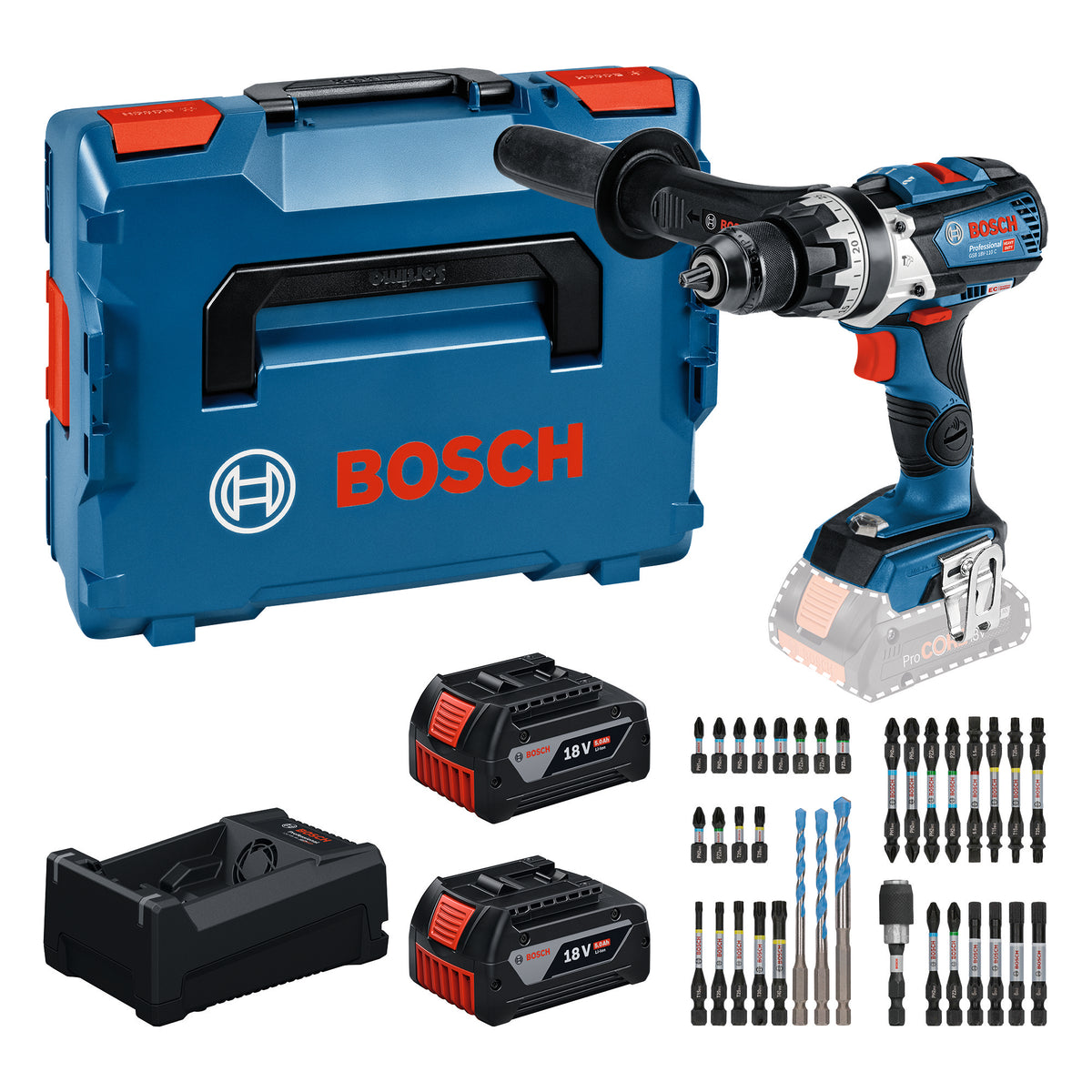 Bosch GSB 18V-110 C Professional Avvitatore a percussione a batteria 18 V 110 Nm ( 0615A500E0 ) Brushless + 2 batterie da 5,0 Ah + caricabatterie + set di 35 inserti + L-Boxx