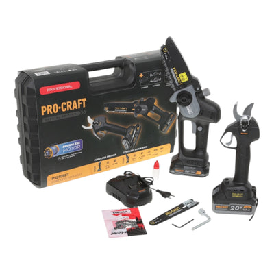 Procraft PS210SET Akku Garten Werkzeug Set Black Edition CCS20 Mini Kettensaege CP20 Gartenschere 20V Brushless 2x Akku 2 0 4 0 Ah Ladegeraet 0 - toolbrothers