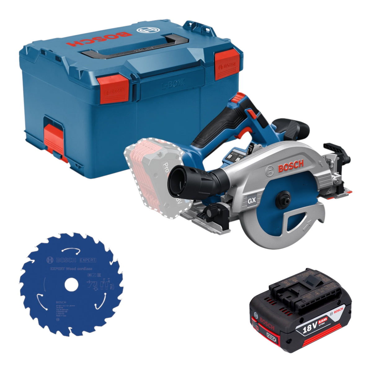 Sega circolare a batteria Bosch GKS 18V-57-2 GX Professional 18 V 165 mm Brushless + 1x batteria 5,0 Ah + L-Boxx - senza caricabatterie