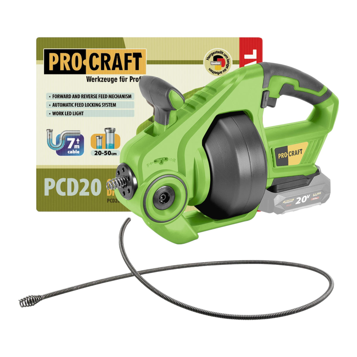 Procraft PCD20-BB Pulitore per tubi a batteria 20 V 7 m x 7 mm Brushless Solo - senza batteria, senza caricabatterie