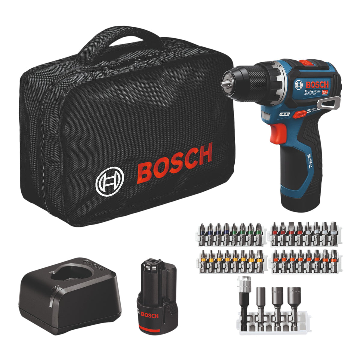 Trapano avvitatore a batteria Bosch GSR 12V-32 Professional 12 V 32 Nm Brushless (06019N7004) + 2 batterie da 2,0 Ah + caricabatterie + 36 pezzi di accessori + borsa