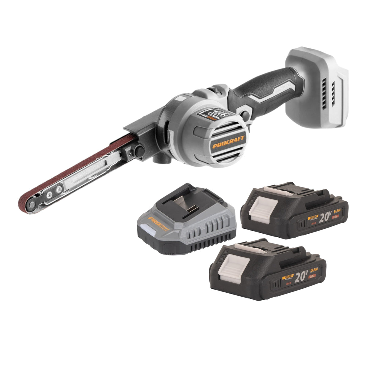 Levigatrice a nastro a batteria ProCraft Industrial PFA20A-BB 20 V 13 x 457 mm Brushless + 2 batterie da 2,0 Ah + caricabatterie