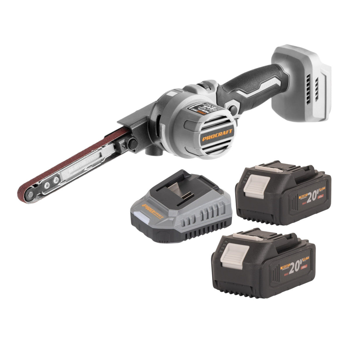 Levigatrice a nastro a batteria ProCraft Industrial PFA20A-BB 20 V 13 x 457 mm senza spazzole + 2 batterie da 4,0 Ah + caricabatterie