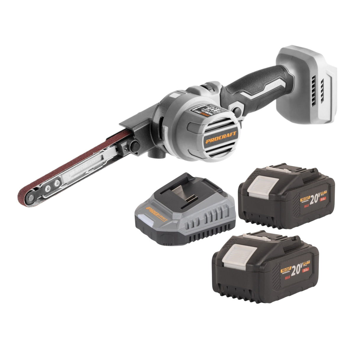 Levigatrice a nastro a batteria ProCraft Industrial PFA20A-BB 20 V 13 x 457 mm senza spazzole + 2 batterie da 8,0 Ah + caricabatterie