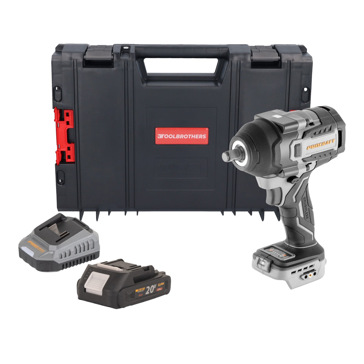 Avvitatore a impatto a batteria ProCraft Industrial IW850A-BB 20 V 850 Nm 1/2" brushless + 1 batteria da 2,0 Ah + caricabatterie + valigetta RHINO
