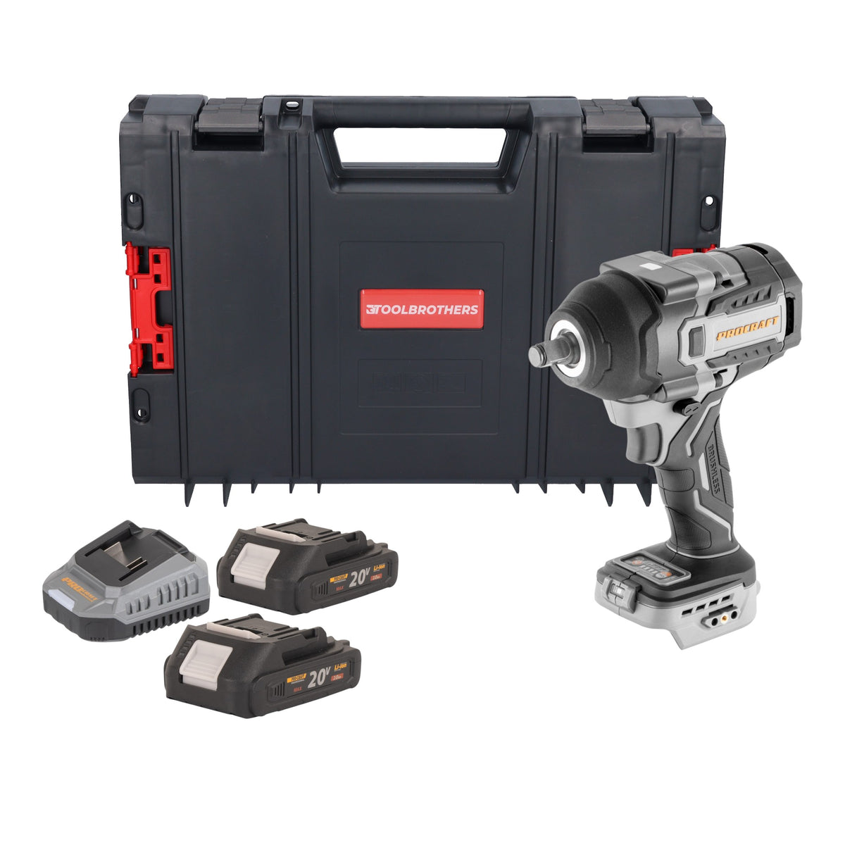 Avvitatore a impatto a batteria ProCraft Industrial IW850A-BB 20 V 850 Nm 1/2" brushless + 2 batterie da 2,0 Ah + caricabatterie + valigetta RHINO