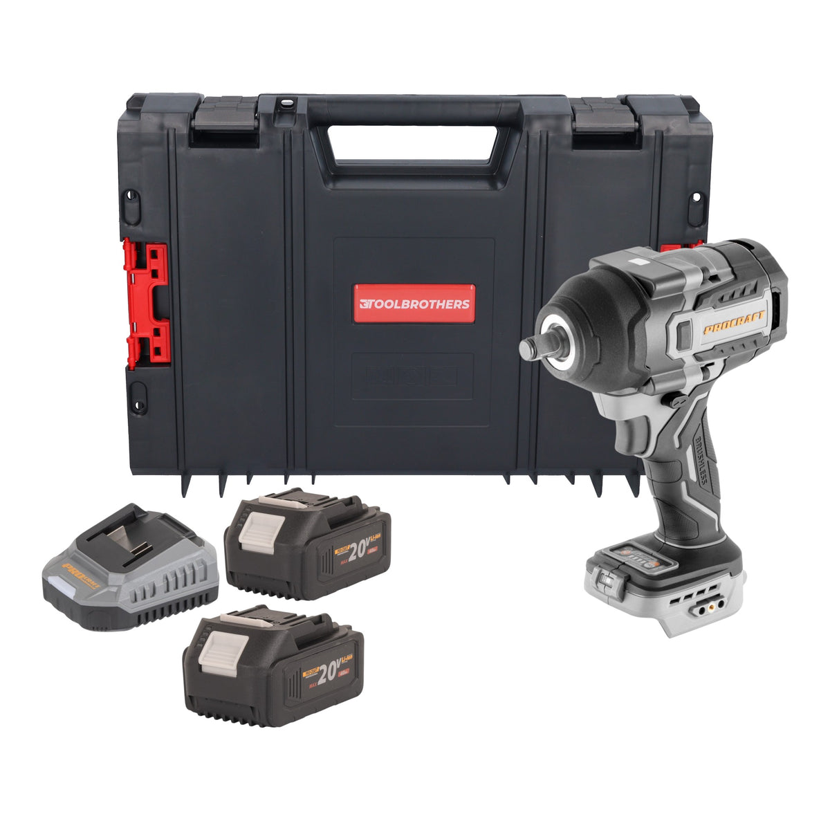 Avvitatore a impatto a batteria ProCraft Industrial IW850A-BB 20 V 850 Nm 1/2" senza spazzole + 2 batterie da 4,0 Ah + caricabatterie + valigetta RHINO