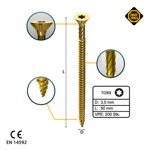 FORTE Tools Vite universale per legno 3,5 x 50 mm T15, zincata gialla, testa svasata Torx, filettatura intera, 200 pz. (000051399471)