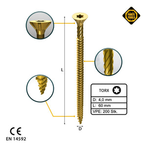 FORTE Tools Universal Holzschraube 4,0 x 60 mm T20 200 Stk. ( 000051399476 ) gelb verzinkt Torx Senkkopf Vollgewinde