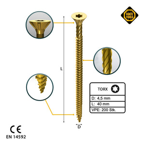 FORTE Tools Vite universale per legno 4,5 x 40 mm T20, zincata gialla, testa svasata Torx, filettatura intera, 200 pz. (000051399478)