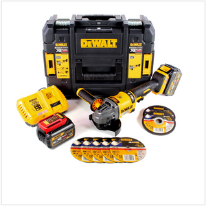 DeWalt DCG 414 T2 Akku Winkelschleifer 54 V XR Flexvolt 125 mm Brushless + 2x Akku 6,0 Ah + Ladegerät + 5x Edelstahl Trennscheibe + 2x Schruppscheibe + TSTAK