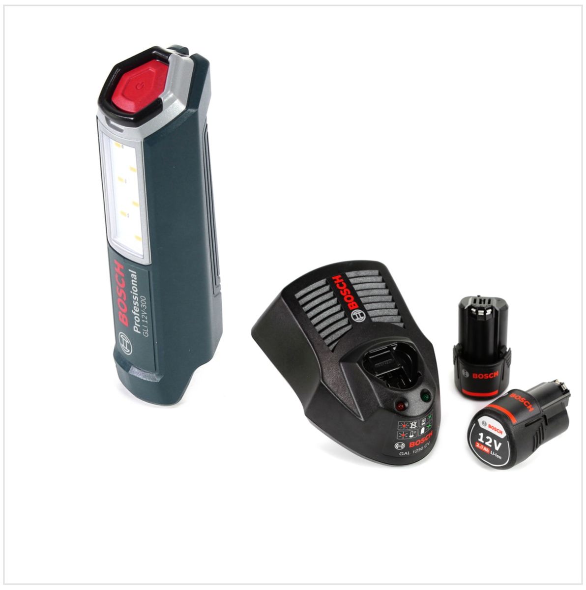 Bosch Professional GLI 12V-300 Lampada a batteria + 2x Batterie GBA 12 V 2,0 Ah + Caricabatterie GAL 1230