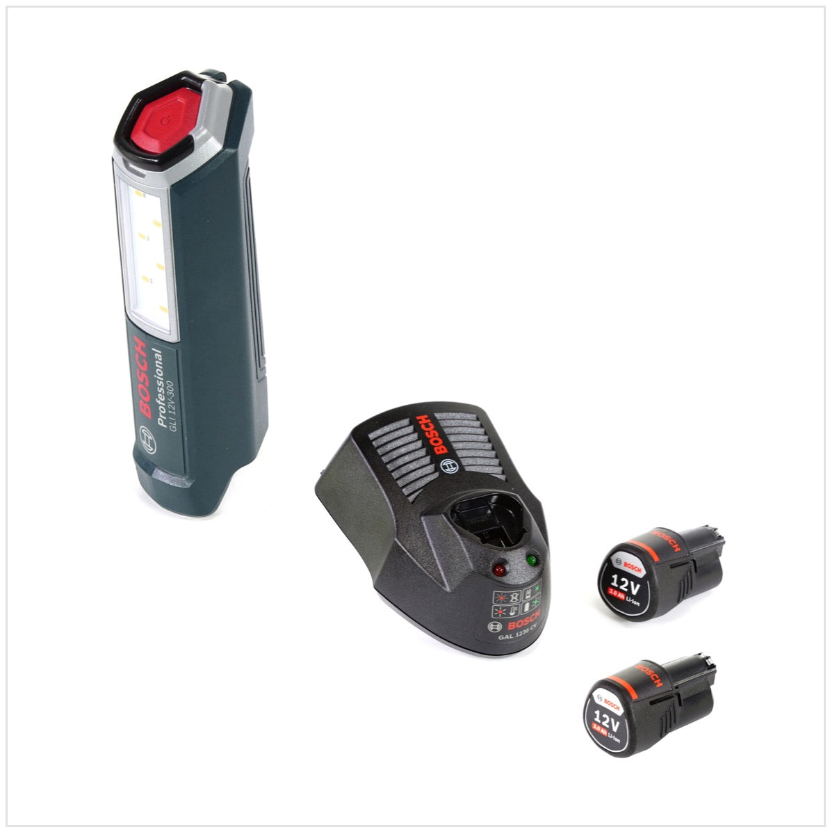 Bosch Professional GLI 12V-300 Lampada a batteria + 2x Batterie GBA 12 V 3,0 Ah + Caricabatterie GAL 1230