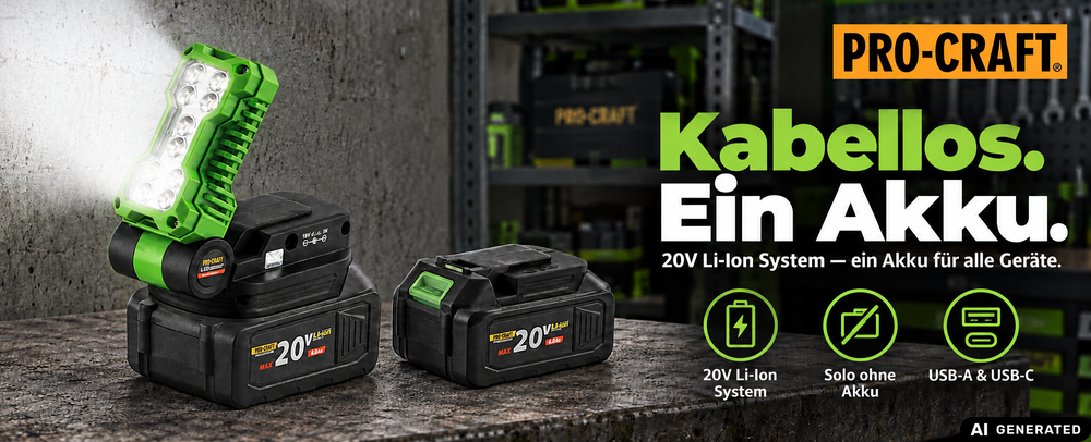 Procraft LL20bb Faretto LED a batteria 20 V 500 lm + 1x batteria 4,0 Ah + caricabatteria