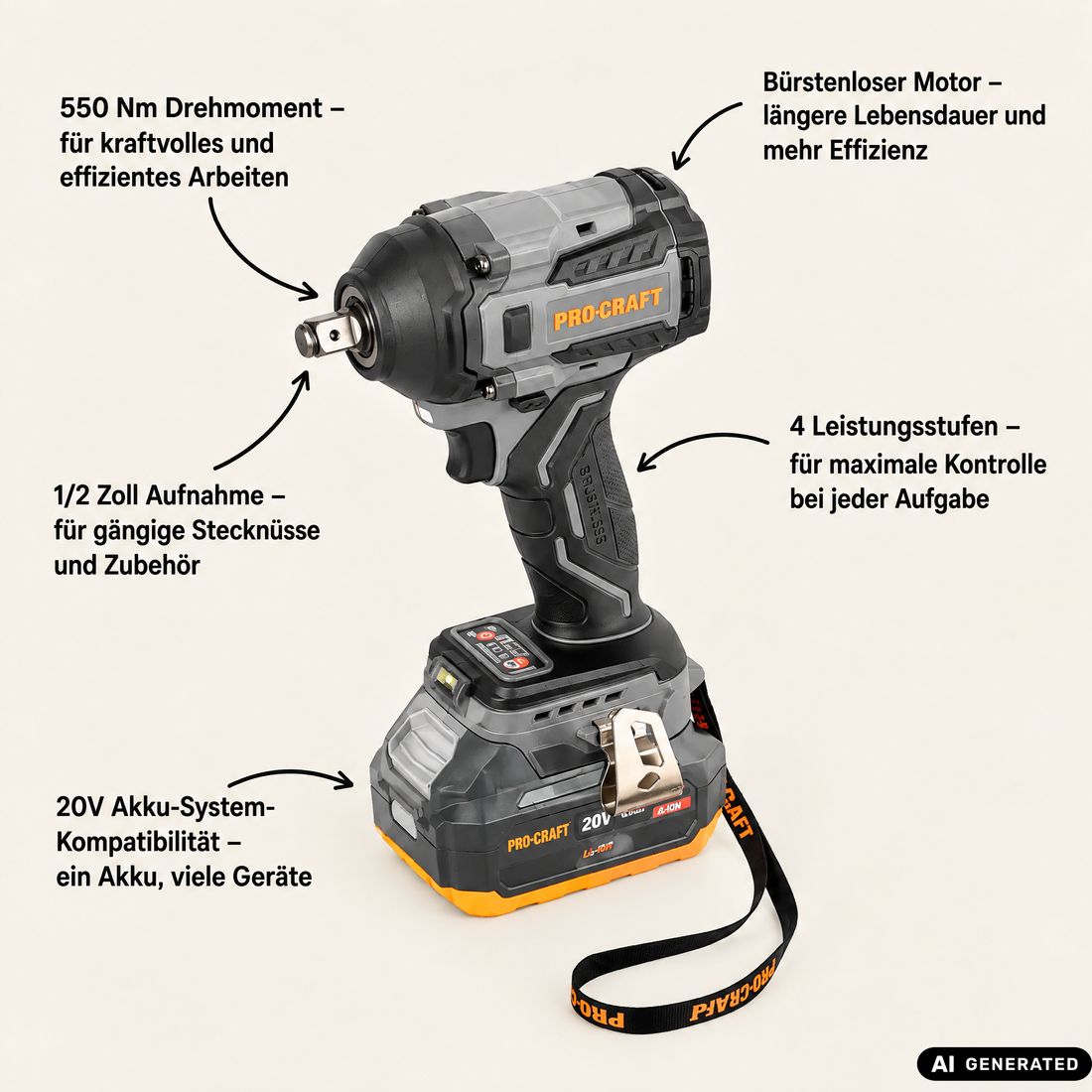 Procraft Industrial IW550Abb Avvitatore a impatto a batteria 20 V 550 Nm 1/2" + 1x batteria 2,0 Ah + caricabatteria