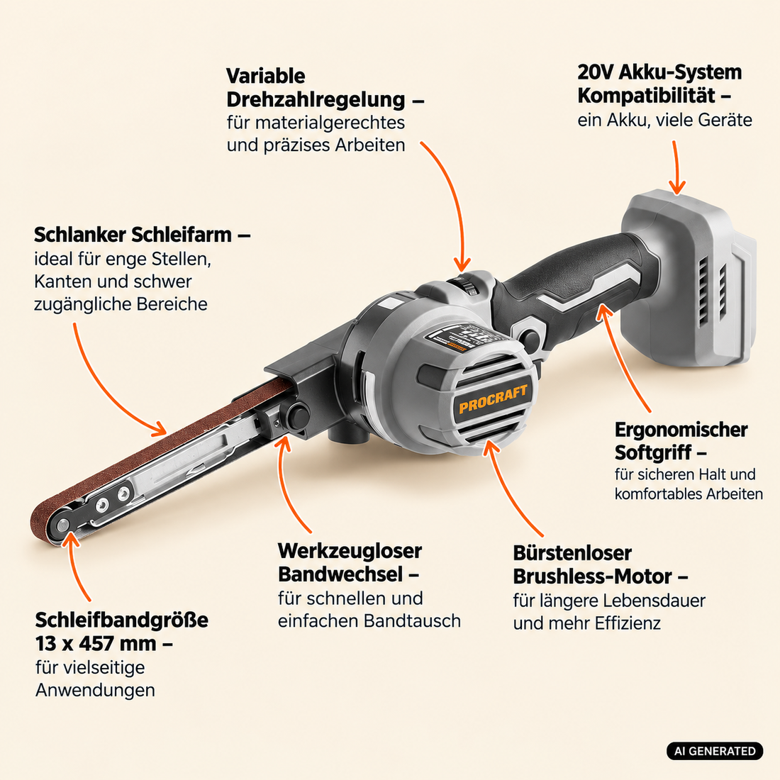 ProCraft Industrial PFA20A-BB Lima a nastro a batteria 20 V 13 x 457 mm Brushless Solo - senza batteria, senza caricabatterie