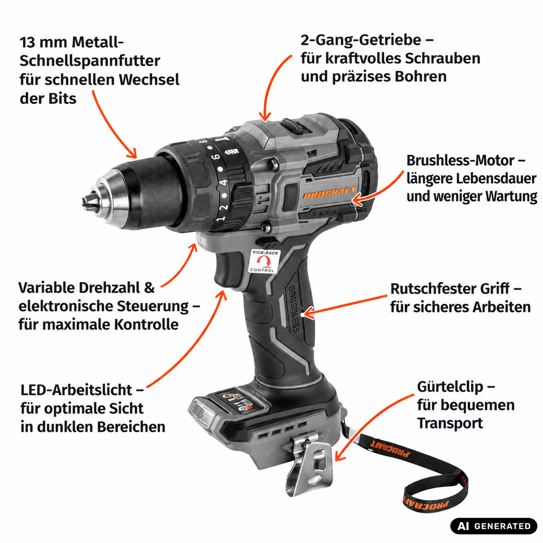 Avvitatore a percussione a batteria Procraft Industrial CD20B-BB 20 V 150 Nm Brushless Solo - senza batteria, senza caricabatterie