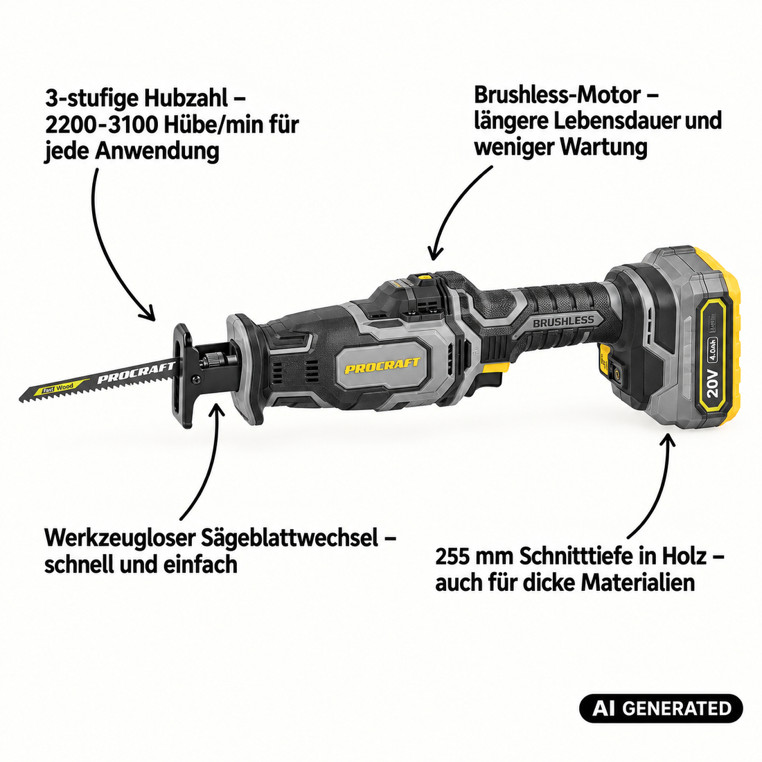 Procraft Industrial RS20Abb Seghetto alternativo 20 V Brushless + 1x batteria 2,0 Ah + caricabatteria