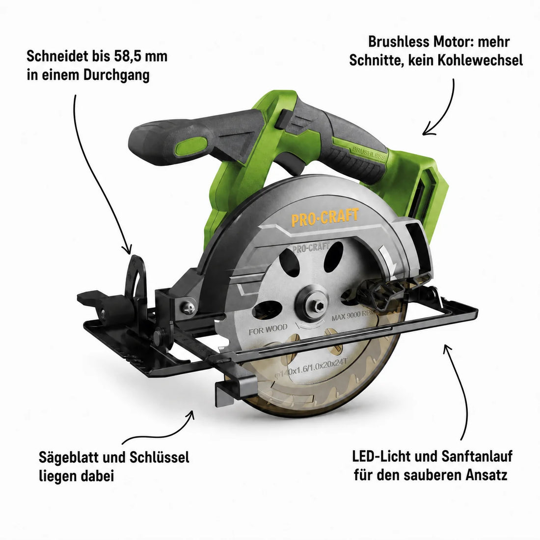 Procraft PCA32-BB Sega circolare a batteria 20 V 165 mm Brushless Solo - senza batteria, senza caricabatteria