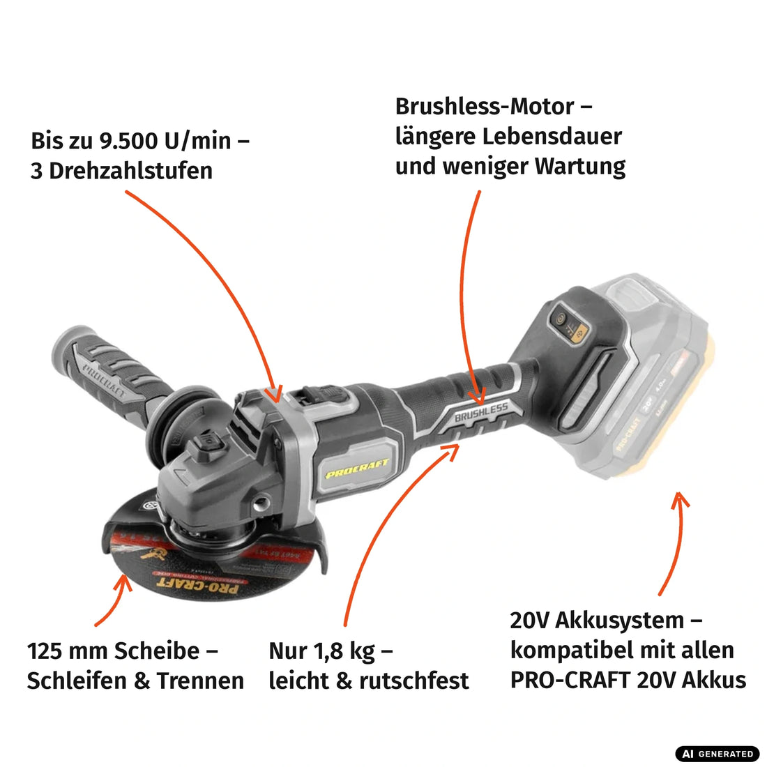 Smerigliatrice angolare a batteria Procraft Industrial AG125Bbb 20 V 125 mm Brushless + 1x batteria 2,0 Ah + caricabatteria + valigetta porta attrezzi RHINO